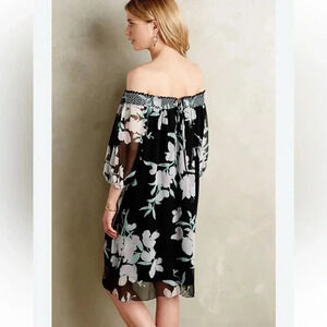 Anthropologie | Maeve | 100% Silk Black Floral Paola Silk Swing Dress Size XS